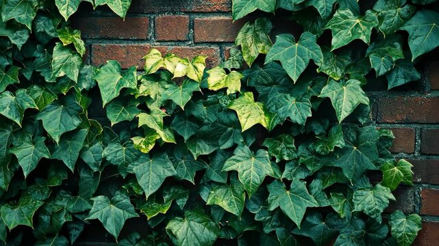 Green ivy grows over a red brick wall