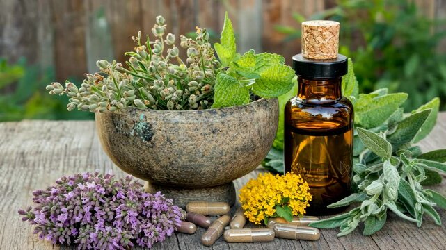 A variety of herbs are displayed on a wooden table with essential oil in a glass bottle and capsules