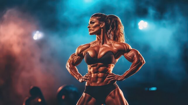 A full-body shot of a female bodybuilder posing confidently on stage, highlighting her sculpted physique under stage lights