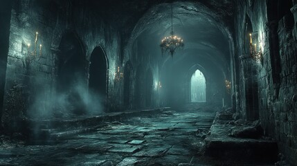Dark, atmospheric underground corridor with stone arches and dim lighting.