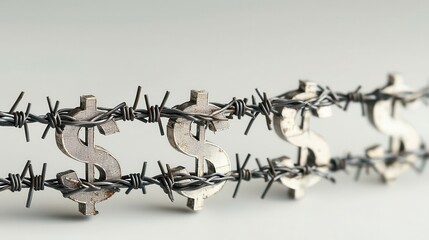 Dollar signs entangled in barbed wire, symbolizing financial struggle and restriction.