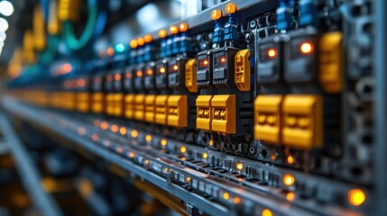 Close-up of Server Racks with LED Lights