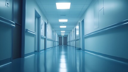 Obraz premium Modern hospital hallway with bright lights and sterile surfaces, featuring clean architectural lines and a minimalistic, hygienic atmosphere