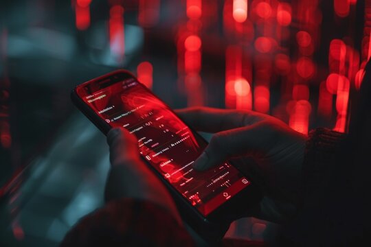 Mobile phone personal data and cyber security threat concept. Cellphone fraud. Smartphone hacked with illegal spyware, ransomware or trojan software. Hacker doing online scam. Antivirus error