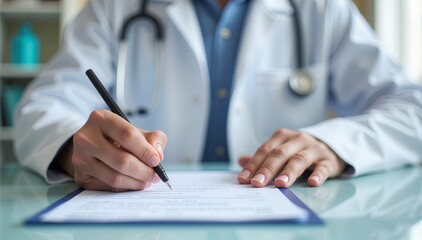 Fototapeta premium Doctor Writing Medical Report in Clinic, Perfect for Healthcare Blogs, Educational Materials, and Medical Websites