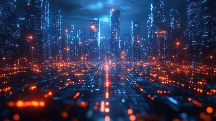 Obraz premium Futuristic cityscape with glowing lights and digital elements.