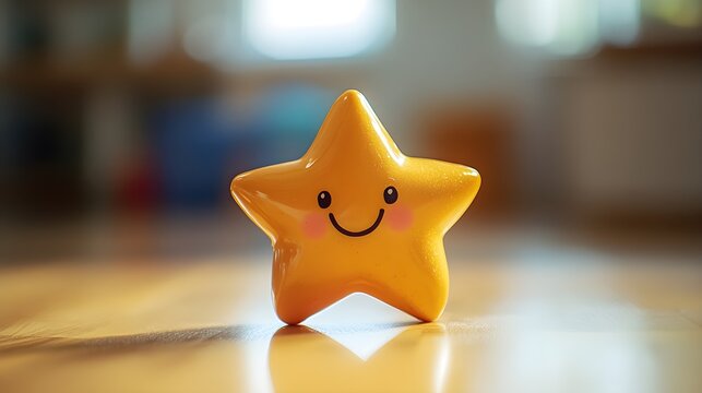 Shiny golden star with a smiling face, representing customer satisfaction, happiness, and playful vibes for kids