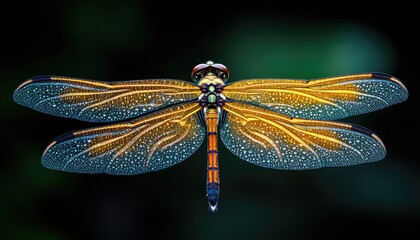 Close-up of a dragonfly's wings. The photo highlights the intricate details and delicate beauty of the dragonfly's wings, with water droplets enhancing their appearance.