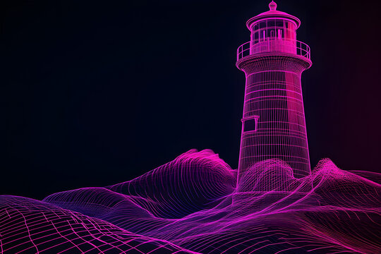 Neon wireframe lighthouse with pink and purple waves isolated on black background