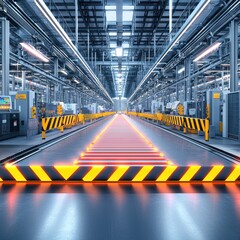Fototapeta premium Modern industrial facility with illuminated pathways and safety barriers.
