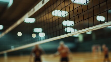 A volleyball net with blurred players in background, indoor gymnasium setting with overhead lights, Professional style