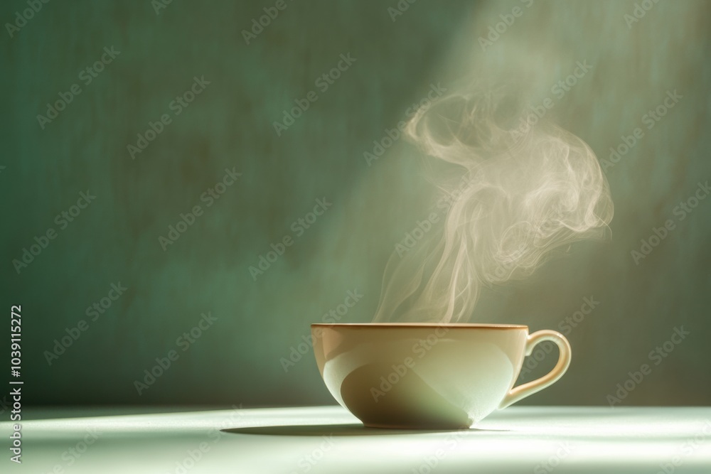 Poster a tea cup sits on a table, gently releasing smooth steam that rises into the air, creating a tranqui