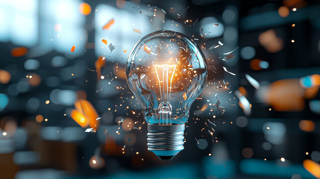A light bulb is lit up in a room with a lot of debris
