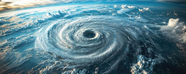 Aerial view of a swirling hurricane over the ocean, dramatic storm patterns visible.