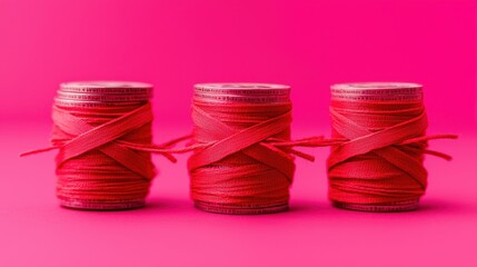 Three spools of red thread arranged against a vibrant pink background.