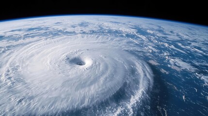 Satellite view of a powerful hurricane swirling over the ocean.