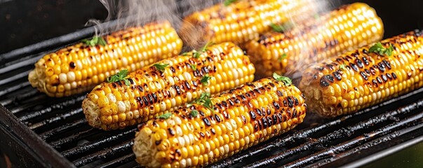 Grilled corn on the cob with steam, perfect for summer BBQs, white isolate background.