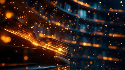 Obraz premium A wizard's circular library, with glowing enchanted books swirling in the air, shelves filled with arcane knowledge, illuminated by soft candlelight and magical glyphs