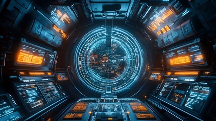 Fototapeta premium Advanced starship bridge, with a circular control panel and 360-degree holographic displays surrounding the crew, projecting navigation and communication data