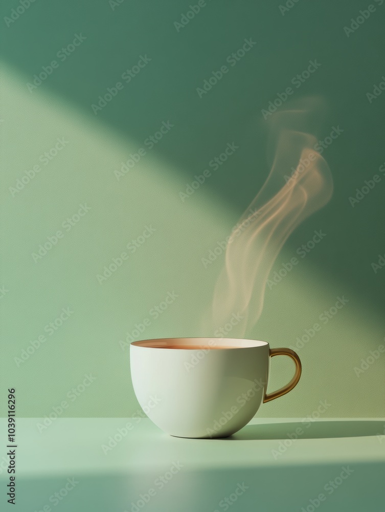Fototapete a white tea cup with a golden handle emits gently swirling steam, creating a tranquil atmosphere in 