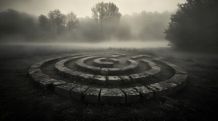 An ancient stone labyrinth carved into a grassy field, surrounded by misty trees, designed for meditative walking with the ambiance of quiet, spiritual solitude