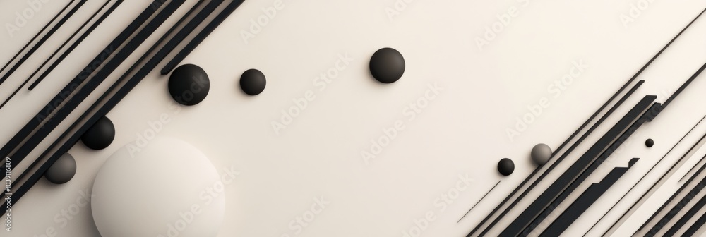 Poster black diagonal lines crisscross a light background, intersecting with circles of different sizes for