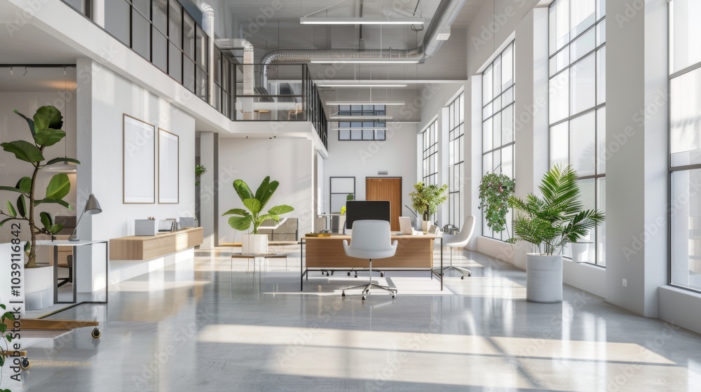 Poster modern open office space with white walls and natural light, concept of workspace productivity. 3d r