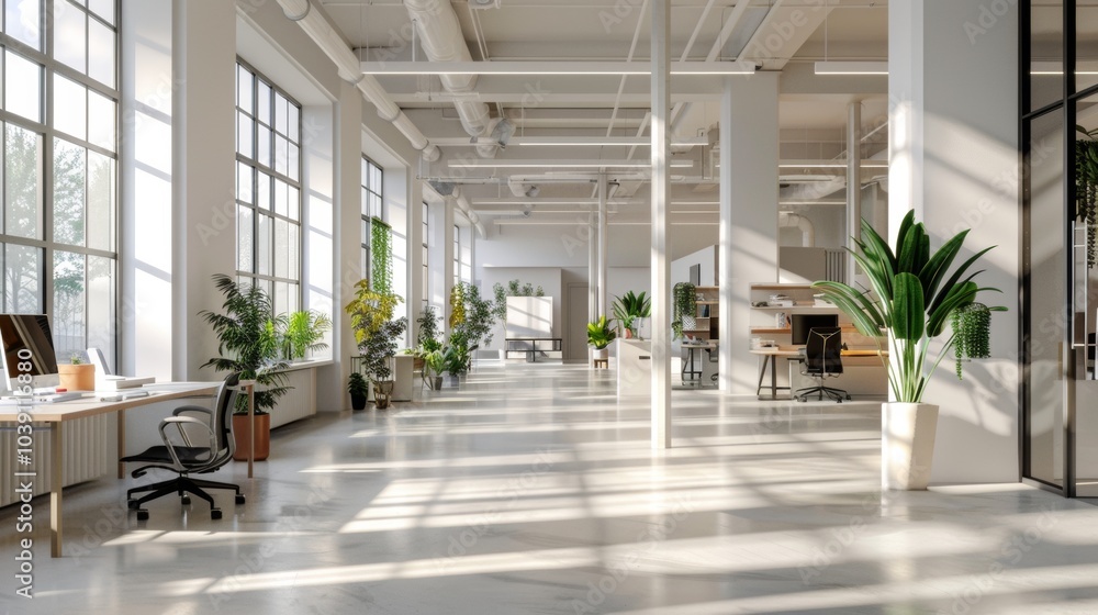 Poster modern open office space with white walls and natural light, concept of workspace productivity. 3d r