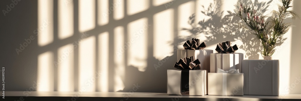Poster a collection of neatly arranged gift boxes adorned with bows, set against a light backdrop, highligh