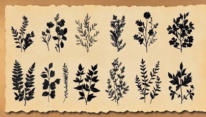 Black silhouette floral illustrations on parchment. Perfect for vintage, botanical, or nature-themed designs.