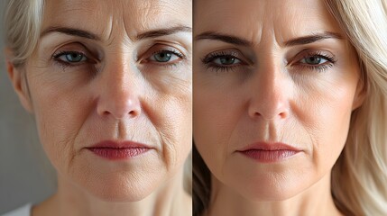 Transformation of facial skin with a facelift, showing deep wrinkles and loose skin before, and the visibly tighter, younger face post-surgery