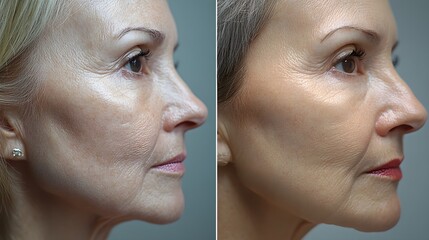Obraz premium Close-up comparison of a facelift treatment, showcasing the sagging jawline and hollow cheeks before, with a sharper, more defined jaw and fuller cheeks after