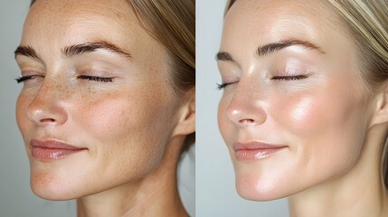 Clear before-and-after images of a facelift patient, showcasing reduced wrinkles and rejuvenated look, soft lighting, Photorealistic, Clean Background