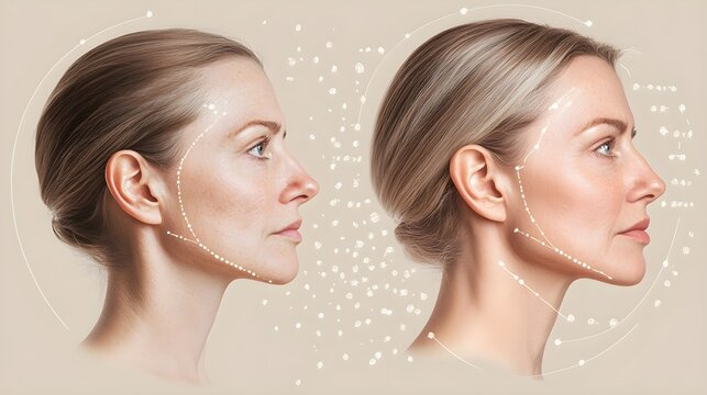An infographic explaining the effects of facelifts on aging signs, showing reduced sagging and smoother skin with side-by-side before-and-after face visuals