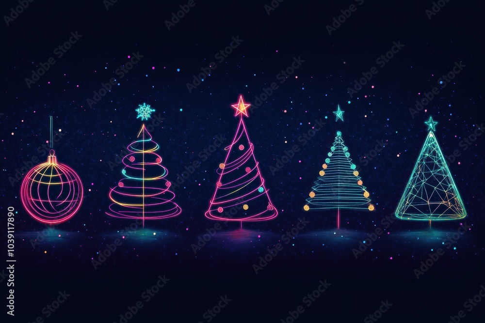 Aufkleber minimalist silhouettes of christmas trees and ornaments feature glowing lines that capture the essen
