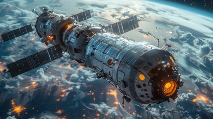 futuristic space station orbiting Earth, technology, outer space, advanced engineering, cosmic, vibrant colors, exploration, sci fi elements, and innovative design