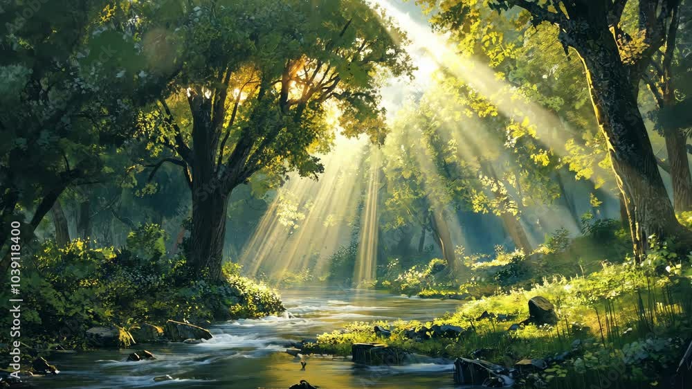 Poster sunlight streams through the trees in a lush forest, illuminating the river winding through the land