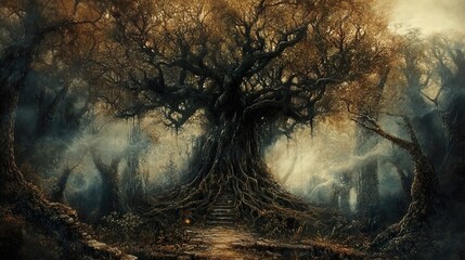 Ancient Tree in a Mysterious Forest - Fantasy Landscape