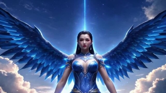 A powerful Asian angel with blue wings, surrounded by a mystical aura as she stands in front of a glowing portal in the sky