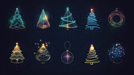 Delicate glowing lines create minimalist silhouettes of Christmas trees and ornaments, illuminating the dark background with festive charm. Generative AI