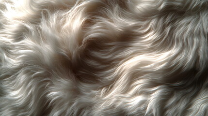Close-up of soft, fluffy dark white fur texture. Cozy and bright texture image, perfect for backgrounds, fashion design and soft textile concepts. Creates a homey atmosphere. 