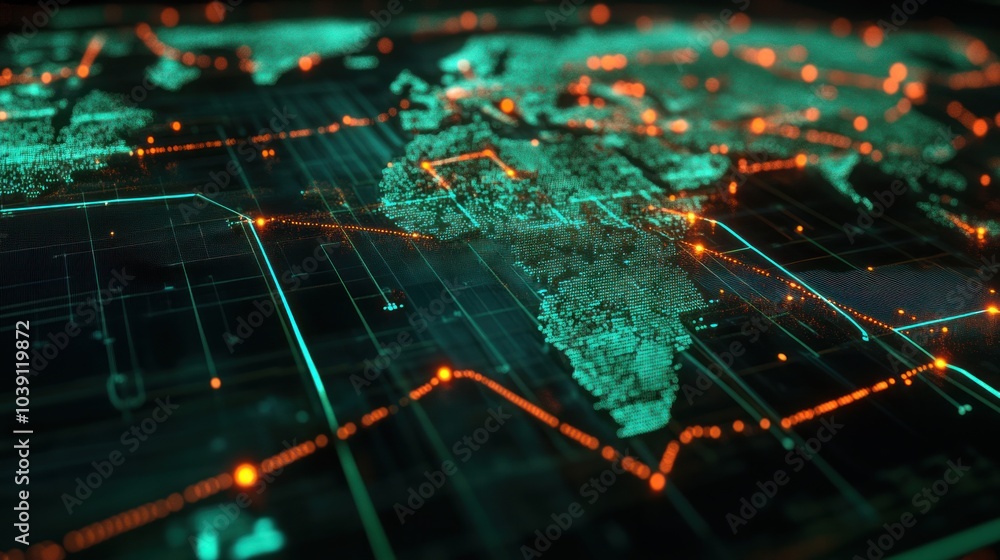 Poster 3d visualization of business analytics and global network integration for economic growth