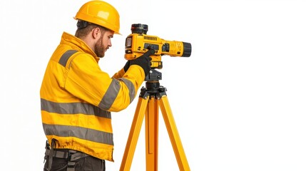 Surveyor in safety gear using a theodolite on a white isolated background.