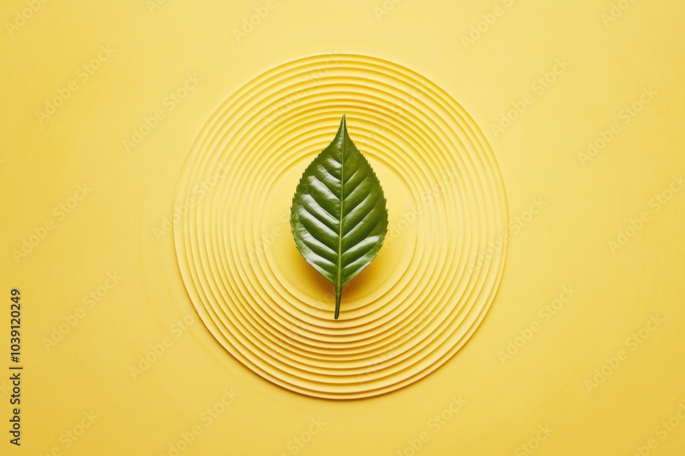 Aufkleber a single green tea leaf rests at the center of a textured circular plate, surrounded by a bright yel