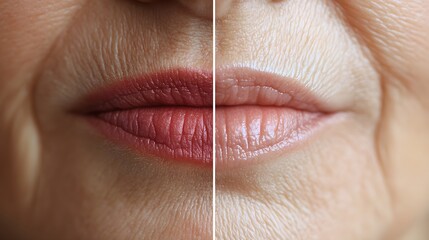 Obraz premium Close-up of the mouth area, focusing on wrinkle reduction after laser treatment, side-by-side comparison with sharp detail and clear skin texture, Realistic, Clean Lighting