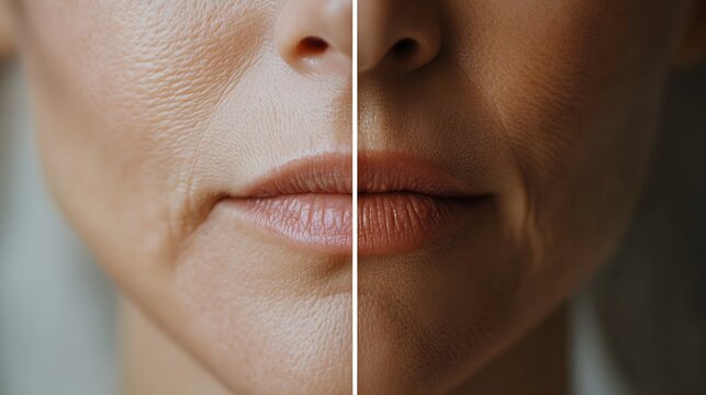 Video demonstration of anti-wrinkle cream application, showing real-time wrinkle reduction around the mouth, with a side-by-side before-and-after comparison, Natural Lighting, High Detail
