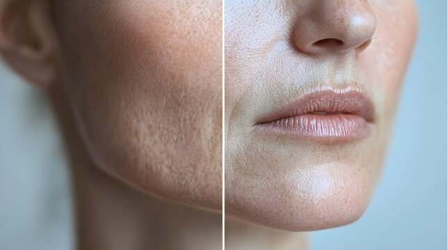 Side-by-side comparison of different mouth area wrinkle treatments, including injectable fillers and skin resurfacing, detailed skin texture before-and-after, Realistic, Soft Lighting