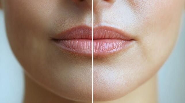 Anti-aging treatment time-lapse video, focusing on the mouth area, showing fine line reduction and skin rejuvenation, with side-by-side before-and-after results, Detailed, Bright Lighting