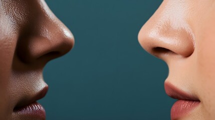 Obraz premium Split view of rhinoplasty results, before-and-after images of the nose showing the refined contour and symmetry, Photorealistic, High-Resolution