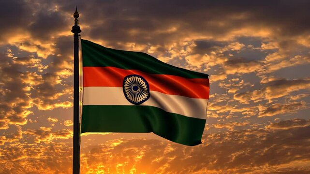 The Indian flag waves proudly against a backdrop of golden sunset clouds